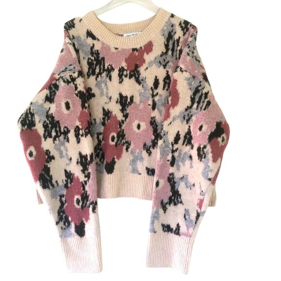 JACQUIE THE LABEL Creamy Beige Floral Jacquard Brushed Knit Boxy Sweater Sz L - Picture 4 of 6